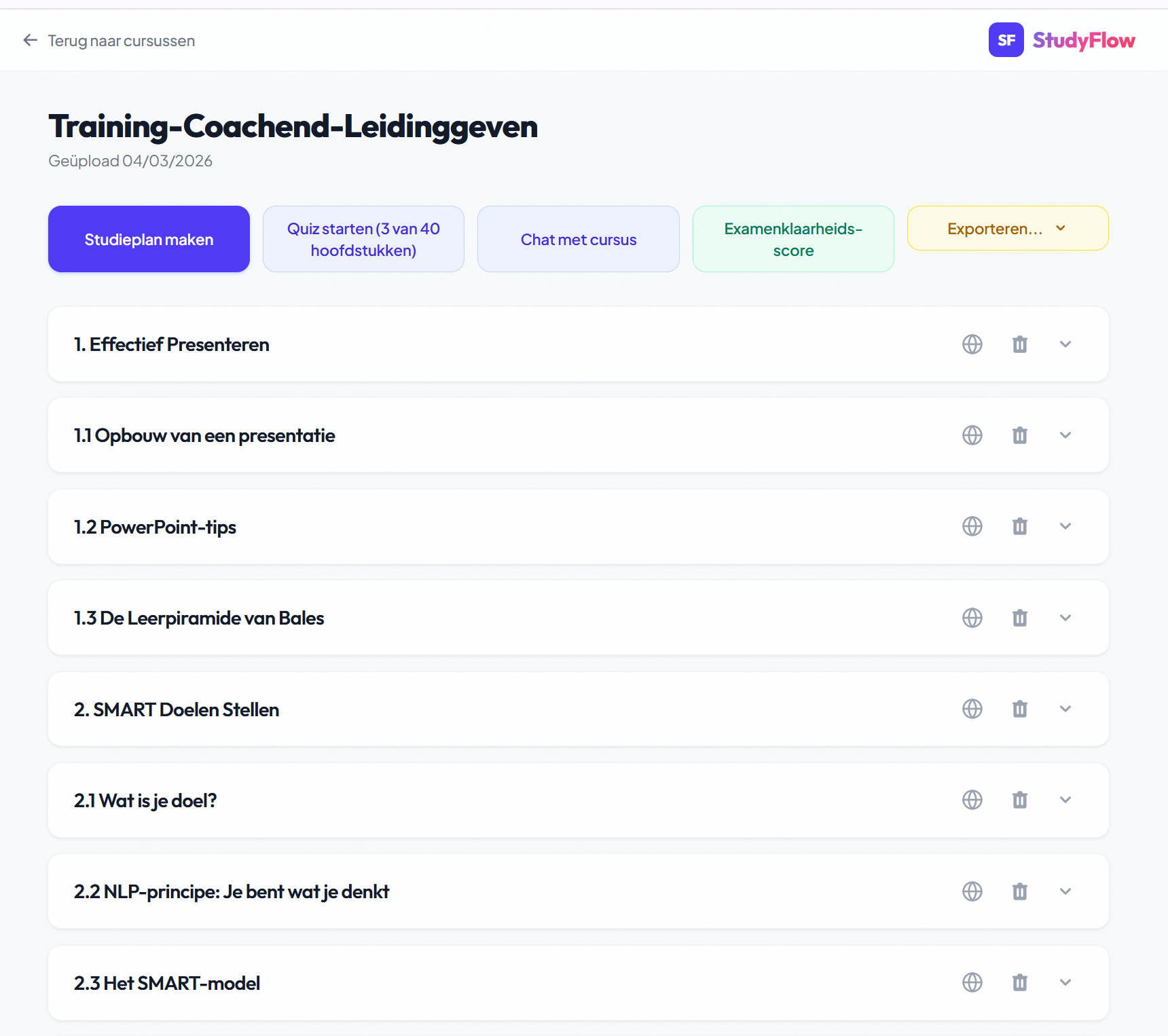 StudyFlow course overview — chapters, summaries and study actions